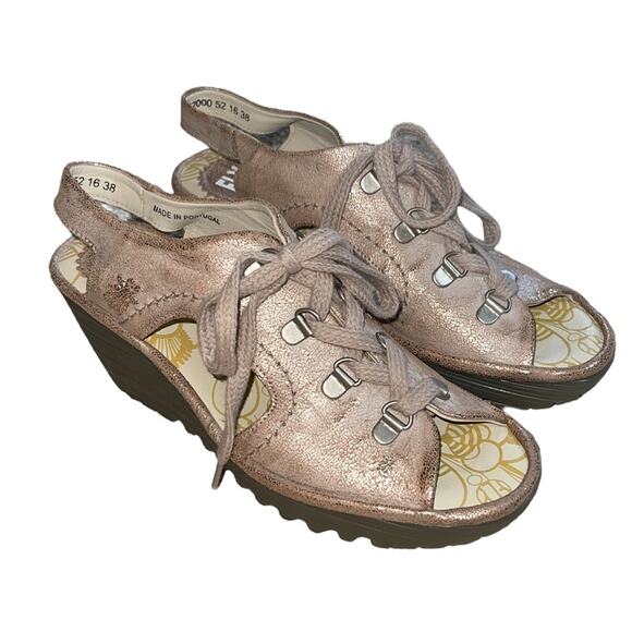FLY London Ylfa Leather Lace Up Tan Gold Wedge Sandals Size 38 - Picture 1 of 8
